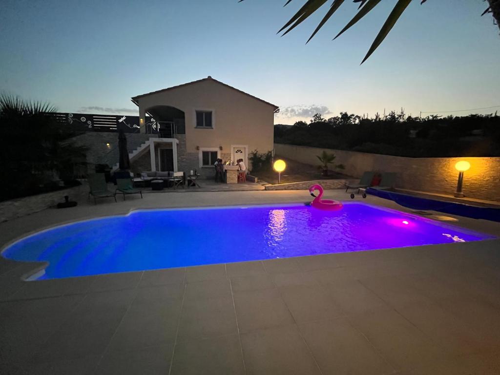 文蒂塞里Villa Héliopolis的后院的蓝色游泳池,有紫色的灯光