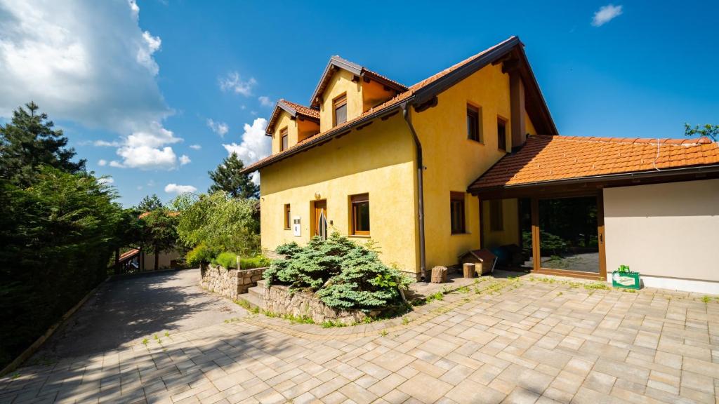 弗济内Kuća za odmor KRISTINA的一座大型黄色房子,有砖瓦车道