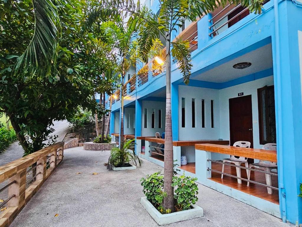 涛岛海景度假木屋的前面有棕榈树的蓝色房子