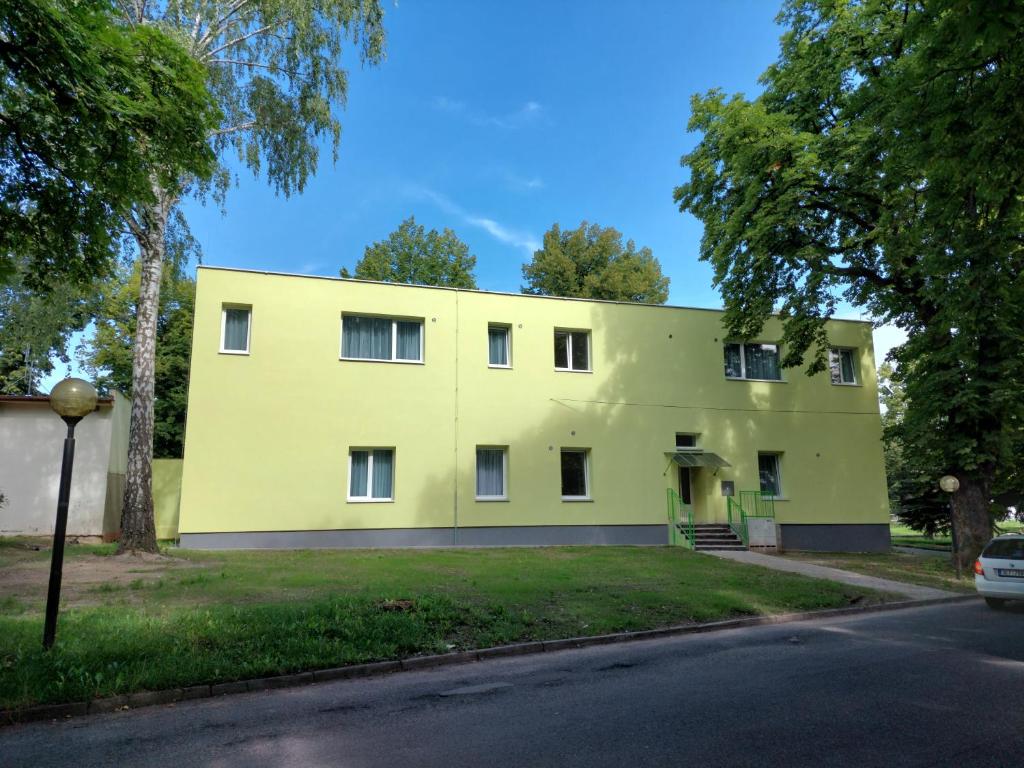 上米托Penzion ČESKÁ FARMA的街道边的黄色建筑