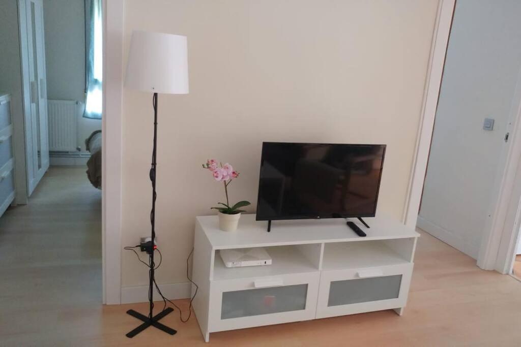 莱索Bonito y acogedor apartamento cerca de Donostia San Sebastián的一个带电视和台灯的白色娱乐中心