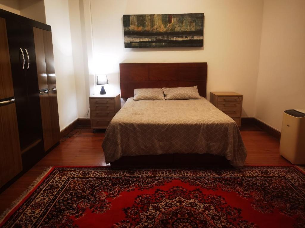 利马La Casona Hospedaje的一间卧室配有一张床和红色地毯