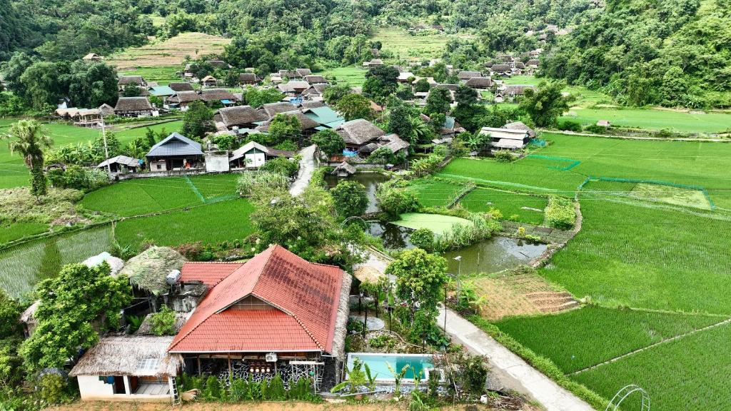 河江Thavill Retreat HaGiang的红色屋顶的村庄空中景观