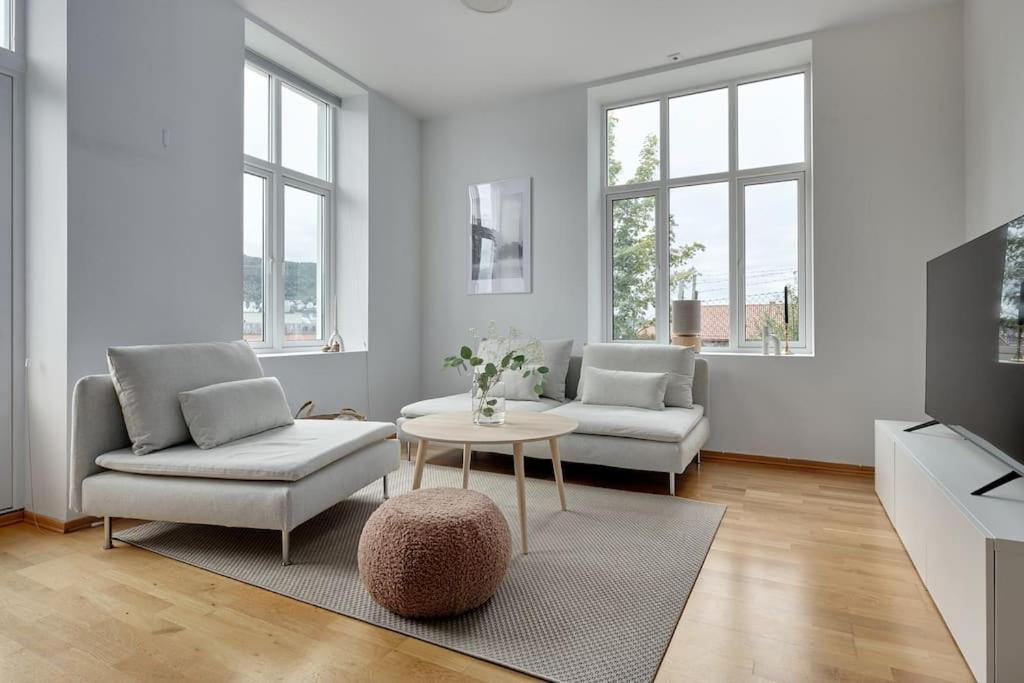 卑尔根Lys & luksuriøs leilighet midt i Bergen sentrum!的客厅配有两把椅子和一张桌子
