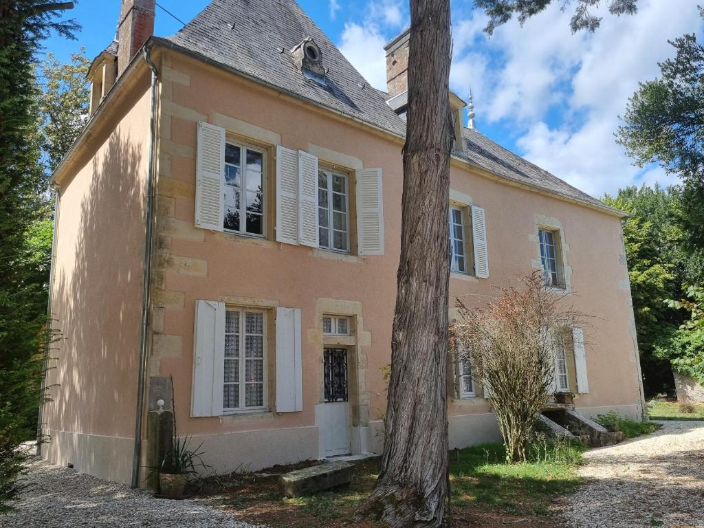 AmazyGîte du château de Chevannes的前面有一棵树的老房子
