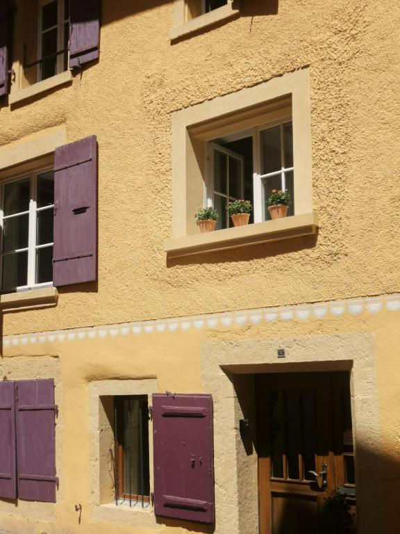 拉诺伊韦维尔La Bergerie的紫色百叶窗和两株盆栽植物的建筑