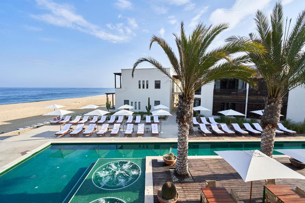 托多斯桑托斯Hotel San Cristobal Adults 15+的一座拥有游泳池、棕榈树和椅子的酒店