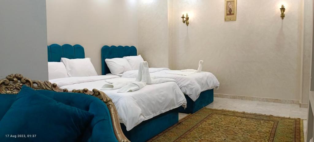 开罗Crystal pyramid inn的蓝色和白色的客房内的两张床