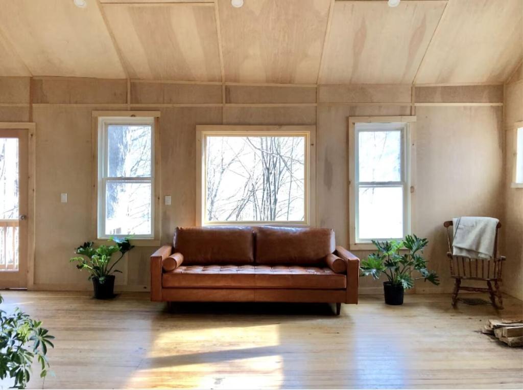 ShandakenMountain Cabin (The Lorca, Catskills)的一间带沙发的客厅,位于带窗户的房间