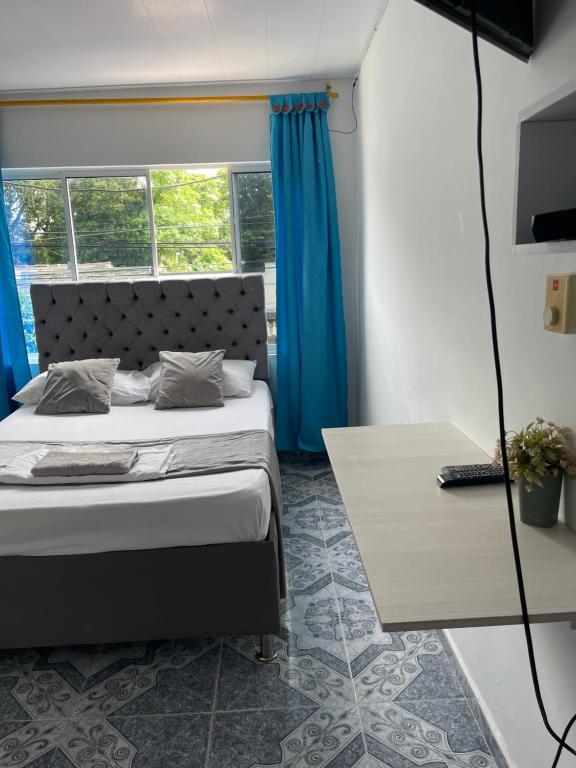 巴兰卡韦梅哈HospedajeLR的一间卧室配有一张带蓝色窗帘的床和一张桌子