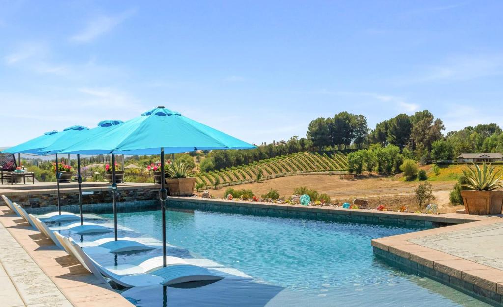蒂梅丘拉Gaia Inn & Spa- Adults Only- Temecula Wine Country的一个带椅子和遮阳伞的游泳池
