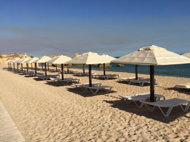 波尔蒂芒T1 - Praia da Rocha - com Vistas de Mar e Terraço的海滩上的一排遮阳伞和躺椅