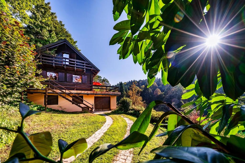 卡姆尼克Chalet FOREST Villa的山上的房子,阳光照在天空中