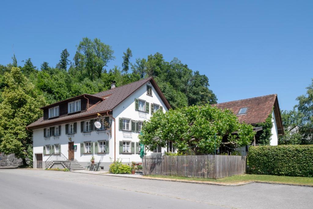 费尔德基希Gasthof Löwen Tosters的白色房子,有棕色的屋顶