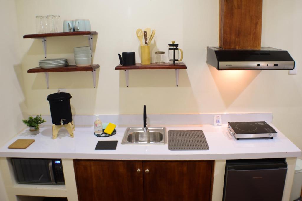 弗洛勒斯Amazing House的厨房柜台设有水槽和微波炉