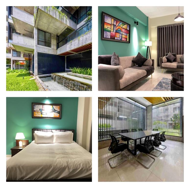 达卡Gulshan Stylish 3 bedroom Luxury Apartment in Prime location的一张床位和一张桌子的房间的三张照片