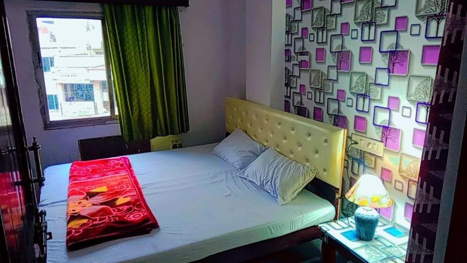 乌代浦Shree Krishna Hotel的窗户墙上的一张床位