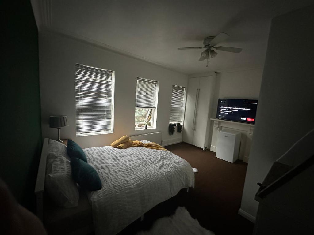 普拉姆斯特德The Griffen Lodge的一间卧室配有一张床和一台平面电视