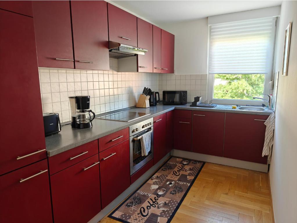 柏林2BR Apartment, Parking, Wi-Fi, TV in Berlin Karow的厨房配有红色橱柜,厨房地毯位于地板上