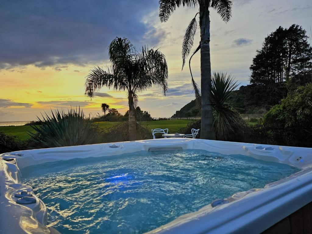 塔卡卡夏泉海滨住宿加早餐旅馆的享有棕榈树景色的按摩浴缸