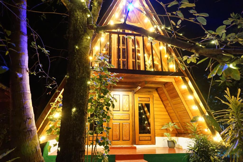锡吉里亚Another World Hostel Sigiriya的夜晚有灯的房子