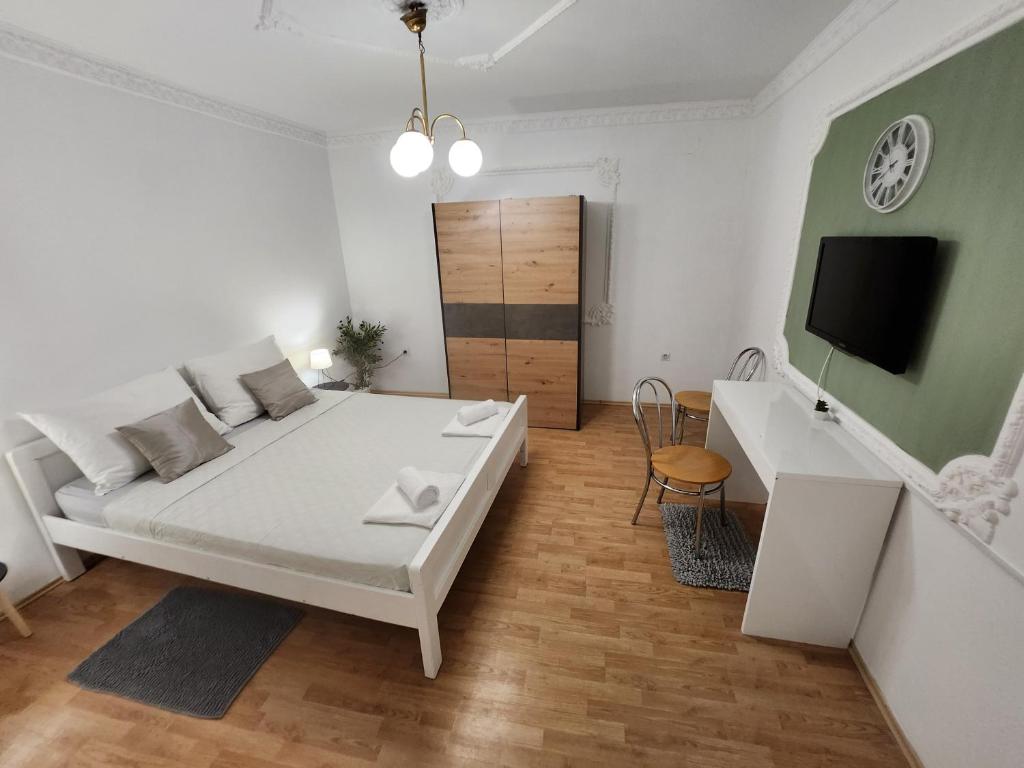 贝拉茨尔克瓦Cvet - Sobe的一间卧室配有一张床、一台电视和一张沙发