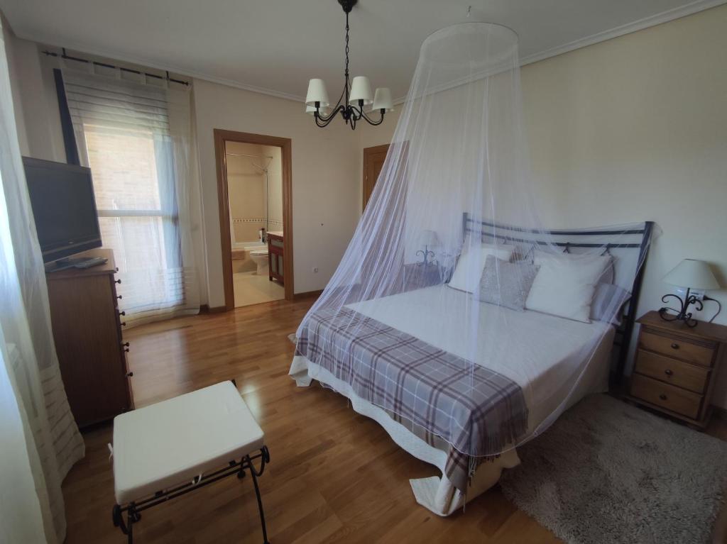 HuércanosCasa San Miguel的一间卧室配有一张带蚊帐的床