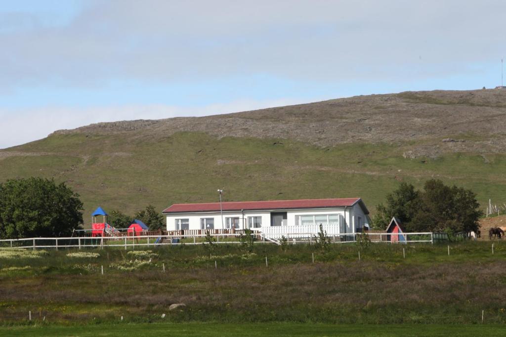 雷克霍特Grímsstaðir holiday home - Family friendly的山丘下田野的房子