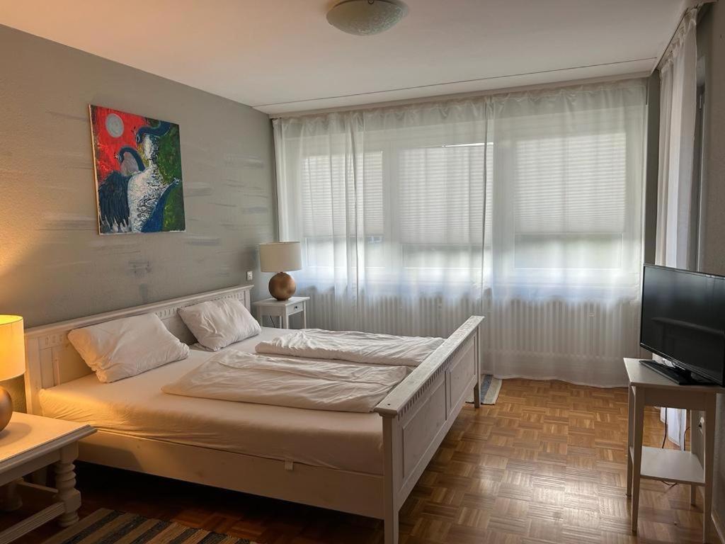 美因河畔法兰克福GoetheApartment的一间卧室配有一张大床和电视
