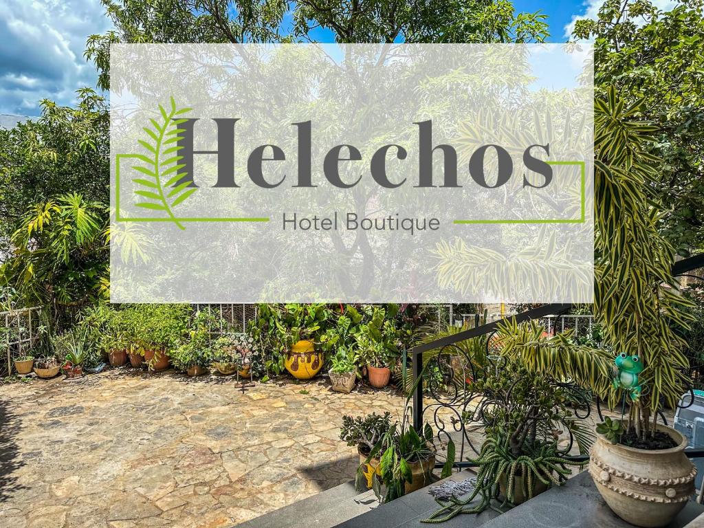 科马亚瓜Helechos Hotel的带有盆栽植物的酒店精品店的标志