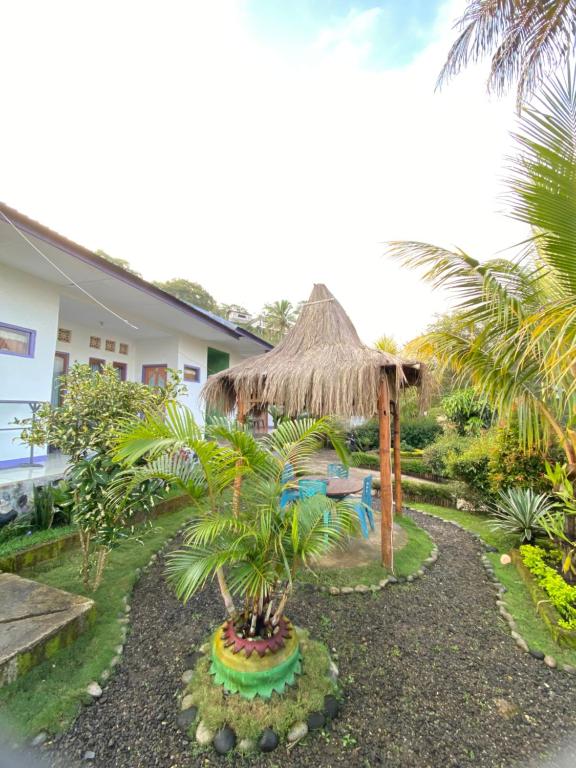 克里穆图Mahoni Guest House的一个带遮阳伞和棕榈树的花园