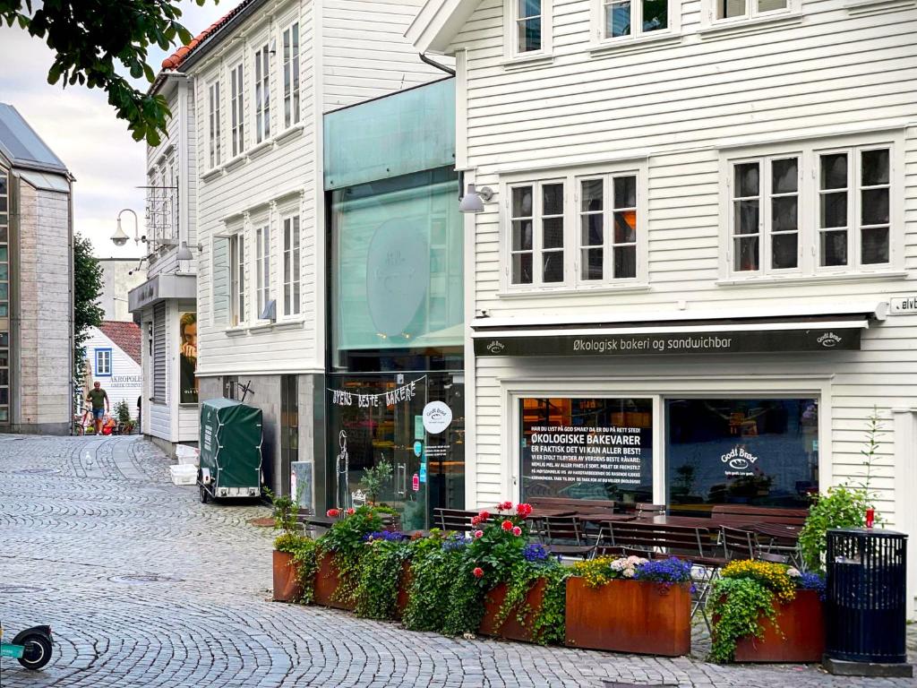 斯塔万格Charming Rooftop Apartment in Heart of Stavanger的建筑旁边的街道上的商店