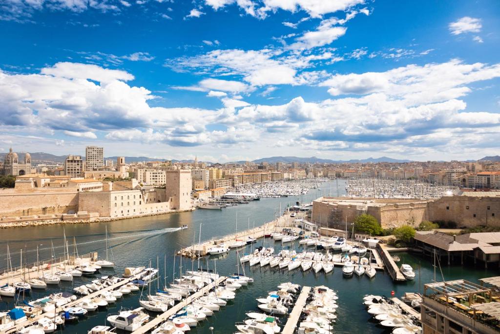 马赛索菲特马赛老港口酒店的享有海港和水中船只的景色