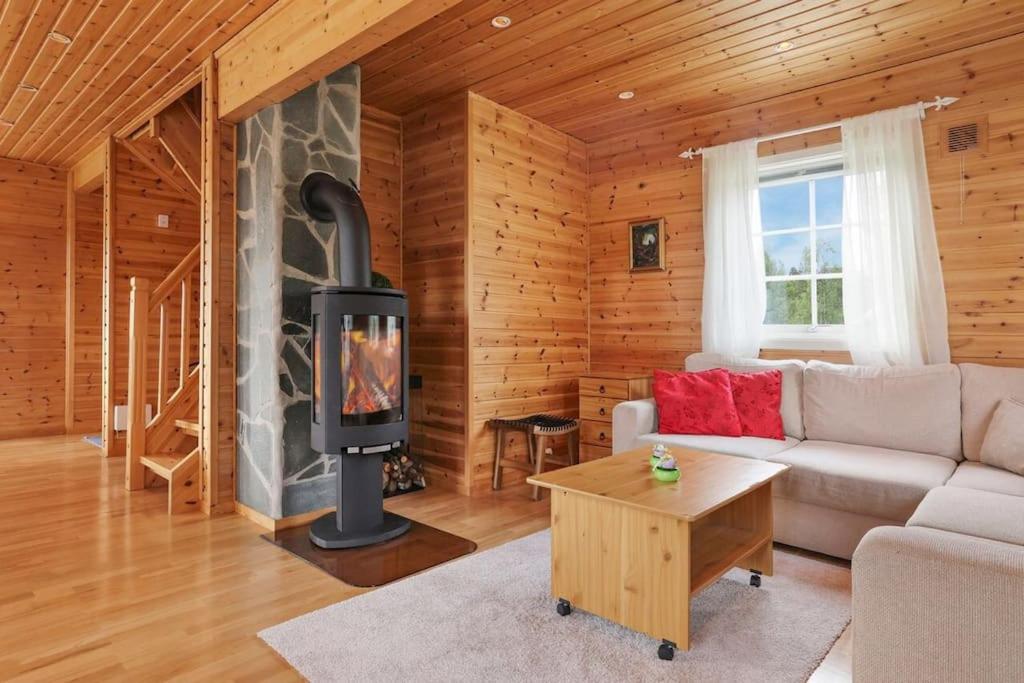 阿尔塔Hytte i flott natur的小木屋内带壁炉的客厅