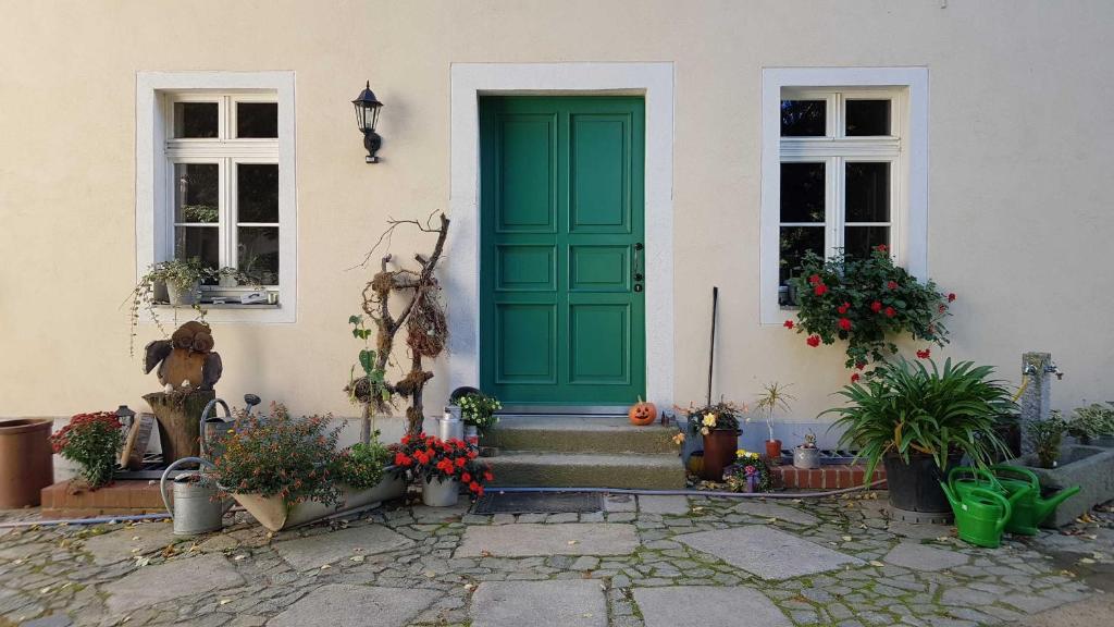 格尔利茨Loensches Gut的种植盆栽植物的房子上的绿门