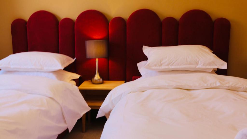 马拉喀什达尔古丽兹公寓的一间卧室设有两张床和红色床头板
