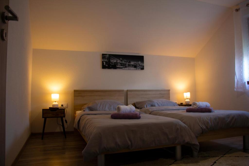 戈斯皮奇Timeless的一间卧室配有两张床,墙上有两盏灯