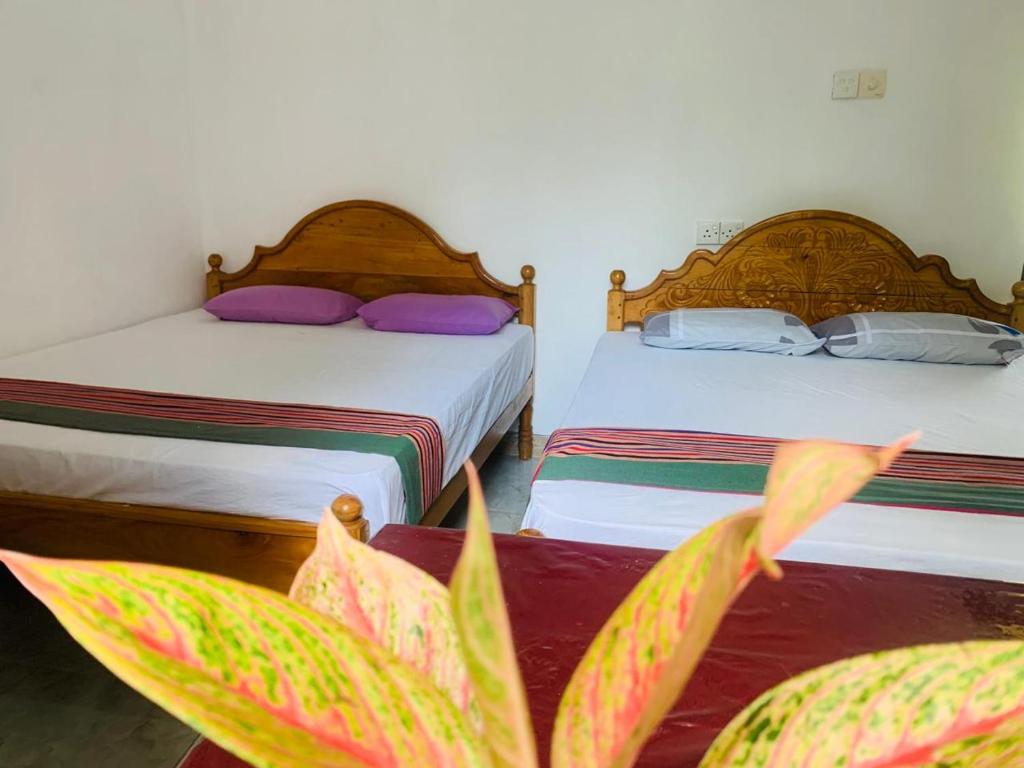 HidaGal Oya Lake View Inginiyagala的配有两张床的酒店客房中的两张床