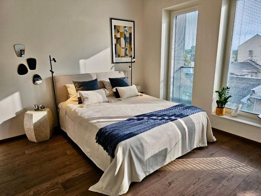 塔林Elegance Apartment - City Centre Free Parking的一间卧室设有一张大床和一个大窗户