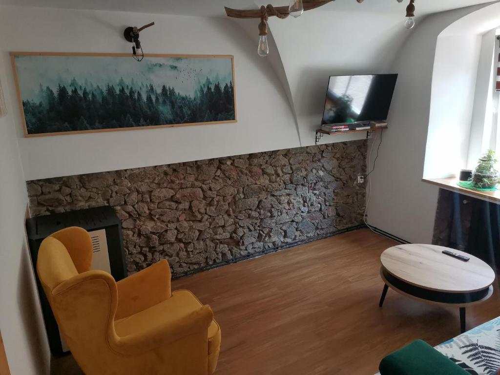 斯雷布纳古拉Przystanek Srebrna Góra的客厅设有石制壁炉和椅子