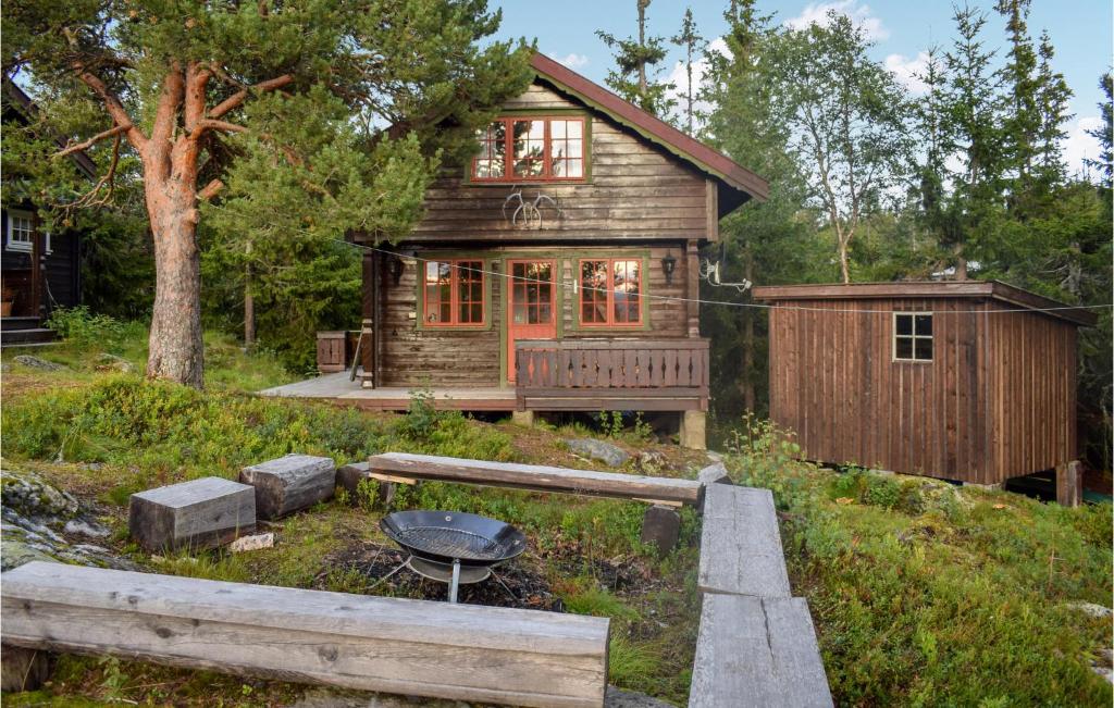 尤坎Stunning Home In Rjukan With House A Mountain View的小木屋前方设有烧烤架