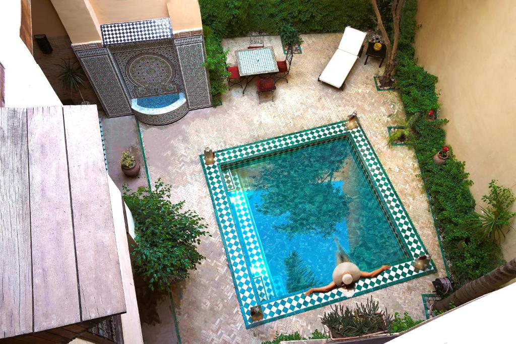 非斯达尔皮埃尔庭院旅馆的游泳池的顶部景色,里面有海龟