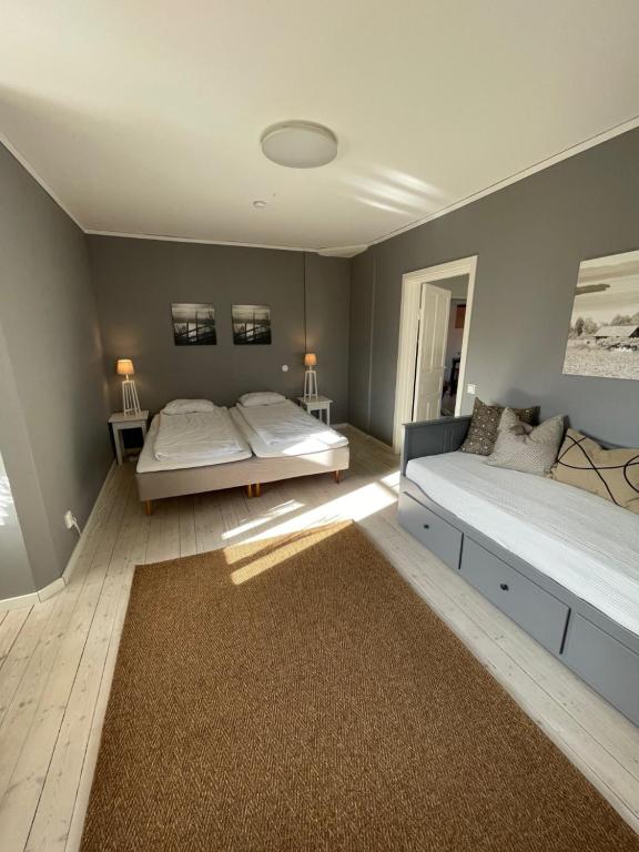雷克桑德Fin lägenhet i centrala Leksand的一间带两张床的卧室和地毯