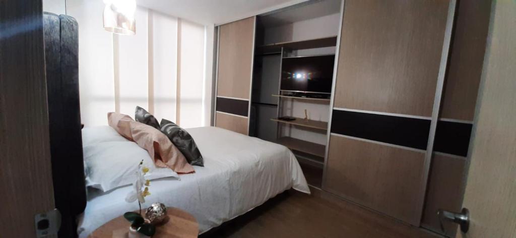 伊瓦格BV08 LUXESTUDIO的一间卧室配有带枕头的床铺和电视。