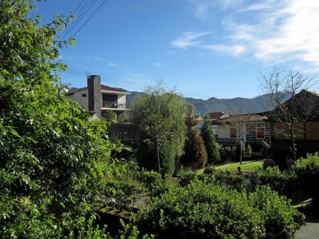 富尔纳斯Casa Das Furnas的享有带房屋和树木的庭院的景色