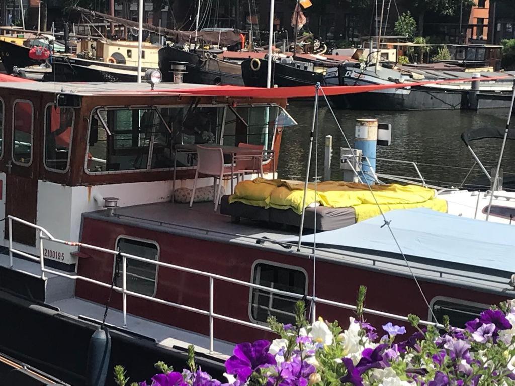 阿姆斯特丹Spacious homely house boat的一条船停靠在一座种有紫色花的码头