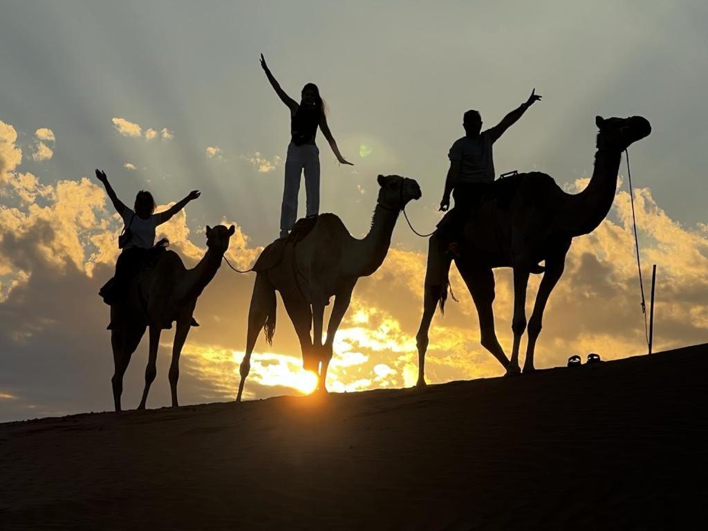 ShāhiqOman desert private camp的一群人在海滩骑骆驼