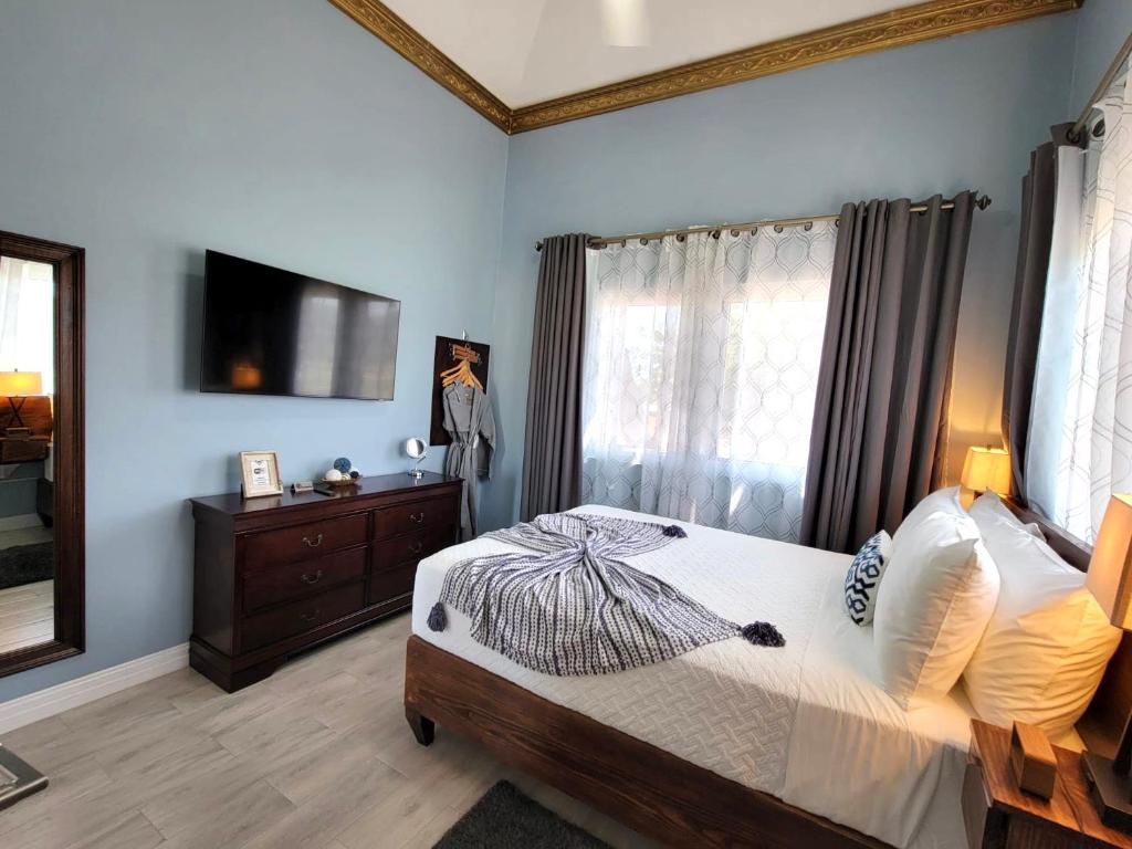 蒙特哥贝Villa Panorama的一间卧室配有一张床、梳妆台和电视。