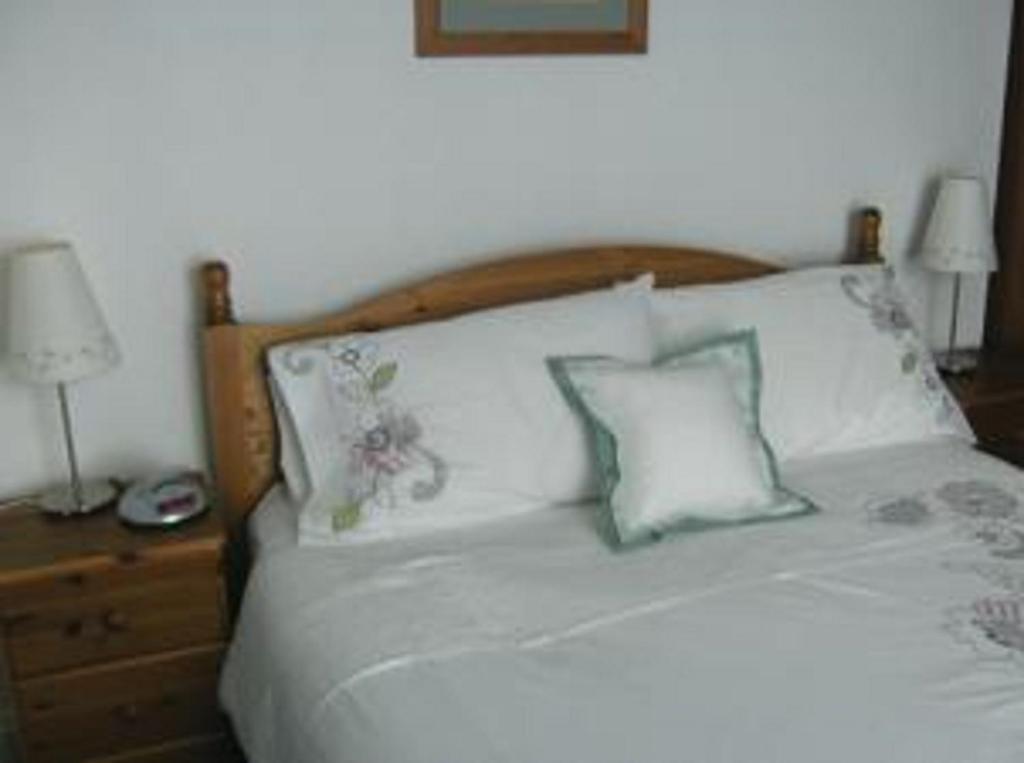 普里茅斯卡拉尼尔旅馆的一张带两个枕头的白色床和木制床头板