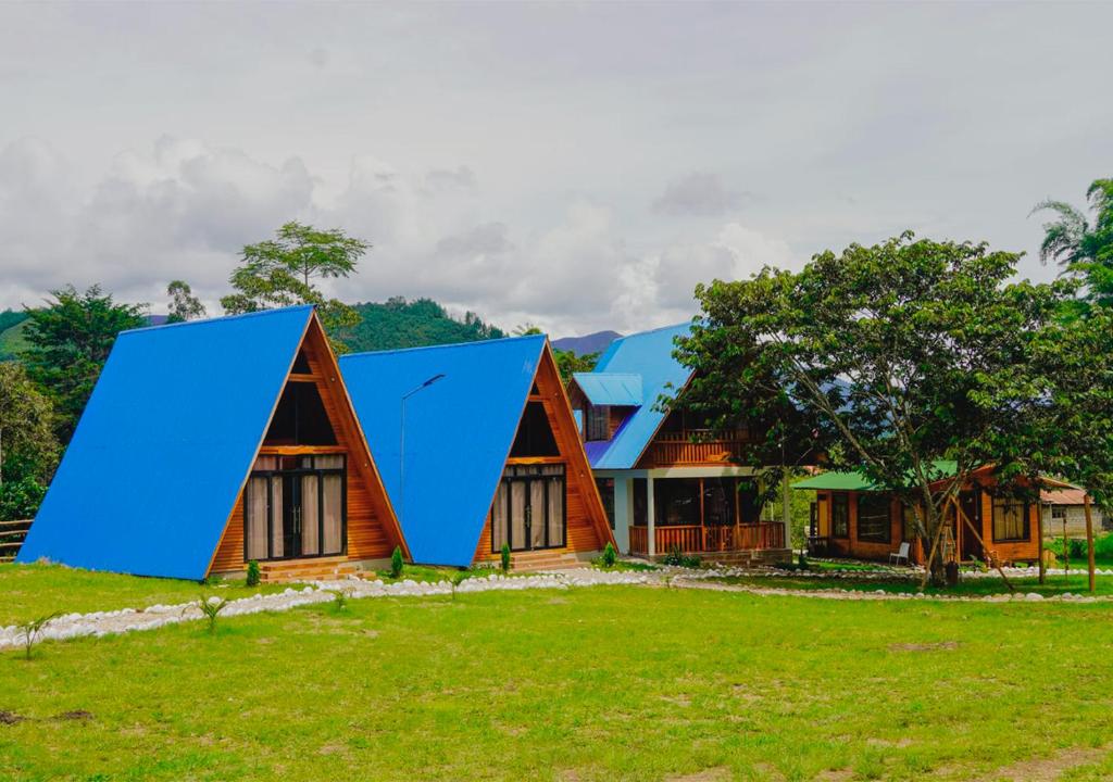 奥克萨潘帕Kusi Lodge的绿色田野上蓝色屋顶的房子